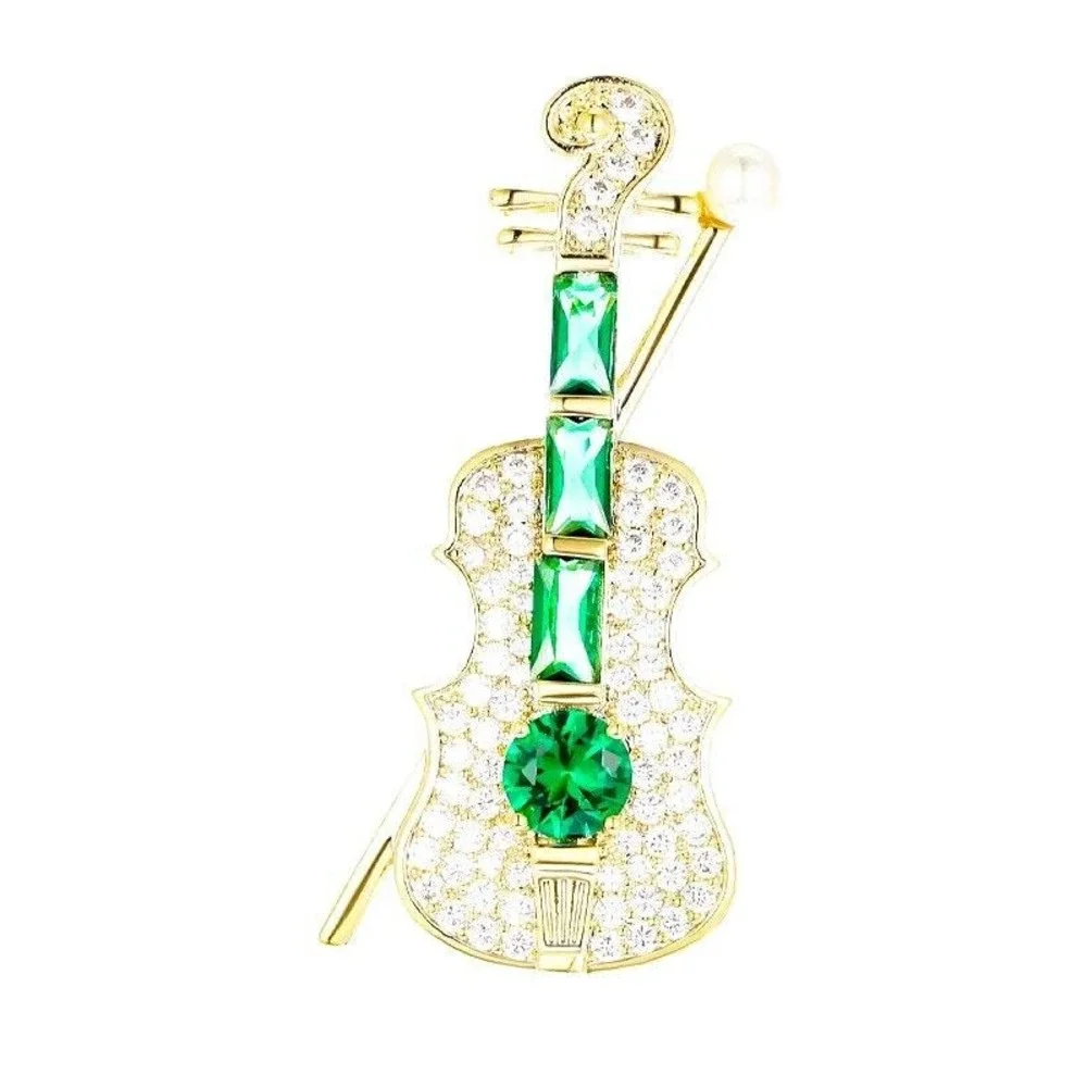 Brooch Green‎ & Gold Rhinestone Violin Pin